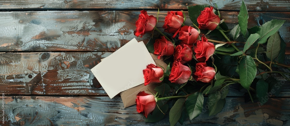 Aufkleber box of roses and a card on an aged wooden surface. with copy space image. place for adding text or d