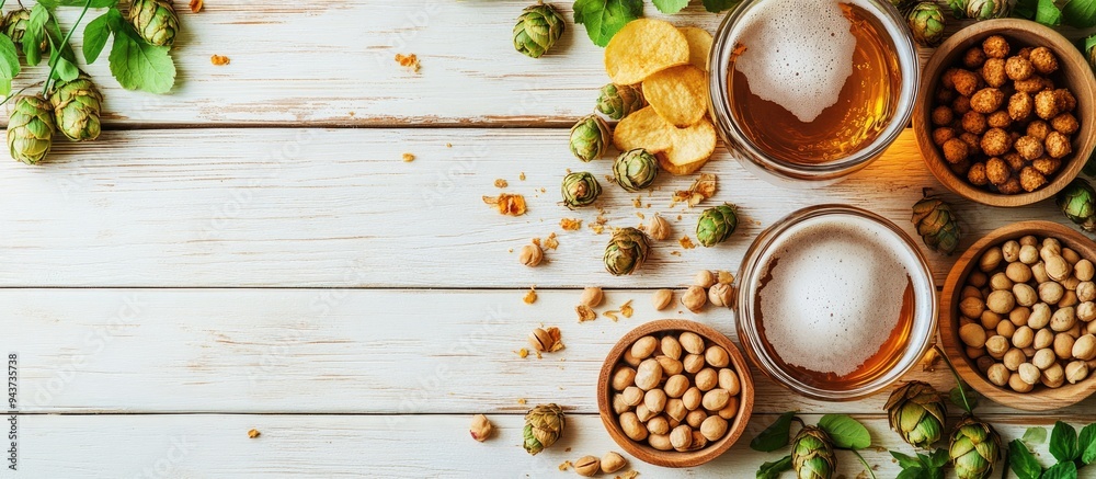 Poster background with beer and snacks hops beer chips and nuts set against a white wooden backdrop copyspa