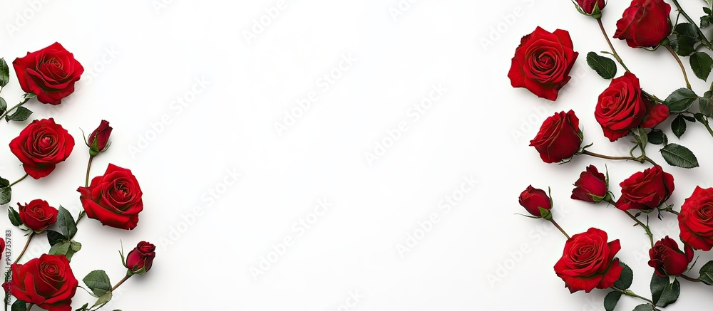 Poster stunning red roses against a white background. with copy space image. Place for adding text or design