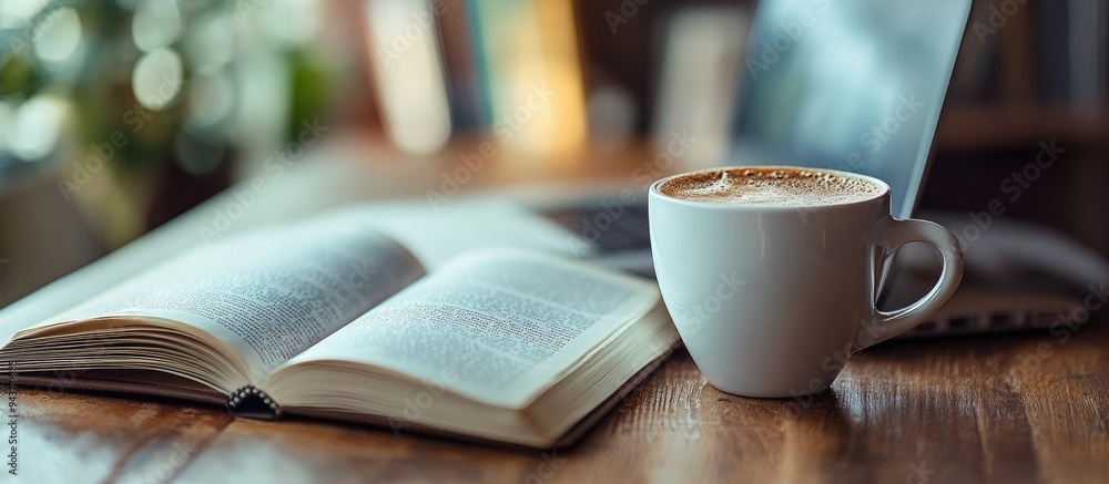 Poster Coffee morning at work with a book or laptop selective focus beverage. with copy space image. Place for adding text or design