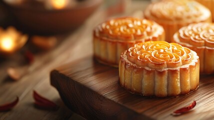 A close-up of traditional mooncakes arranged on a wooden board, highlighting their intricate patterns and golden crusts in warm lighting.
