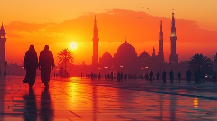Obraz premium Silhouette of a grand mosque against a vibrant sunset, with people walking in the foreground, capturing a serene and majestic atmosphere.