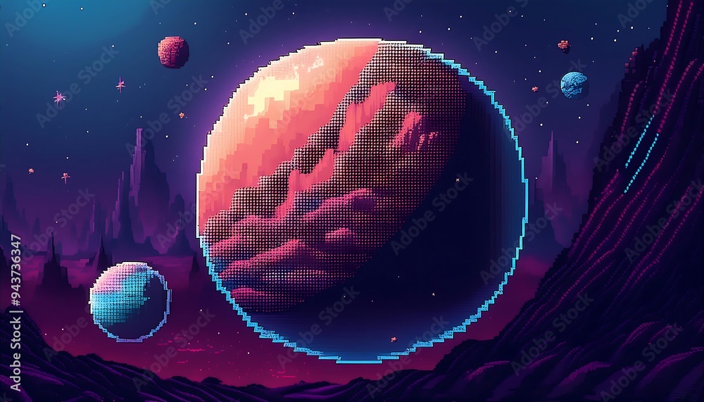 Wall mural pixelated planet and moon- a simple pixel art design featuring a large planet with a visible surface