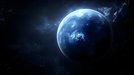 Fototapeta premium A single, luminous blue planet shines against a dark, starry background.