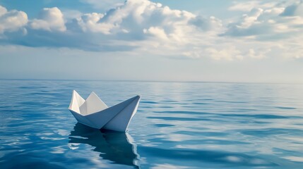 Obraz premium A paper boat gently floating on a vast calm ocean symbolizing the innocence and free spiritedness of in a boundless world Copy space available for conceptual or messaging