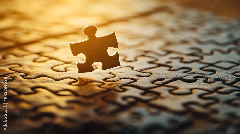 Poster floating puzzle piece hovering over an incomplete puzzle symbolizing the final step towards completi
