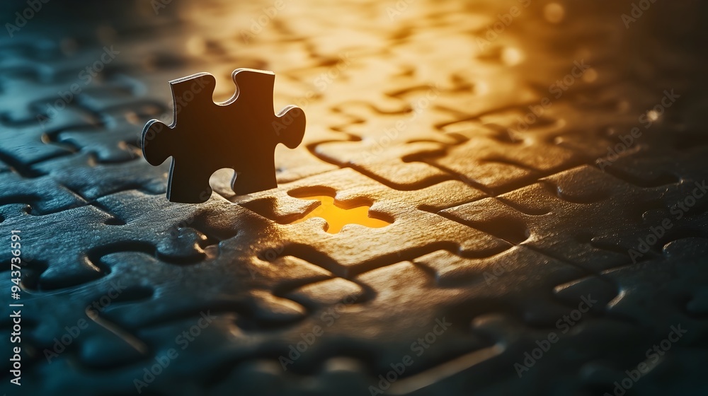 Poster the final puzzle piece hovering over an incomplete puzzle symbolizing the last step to achieving com
