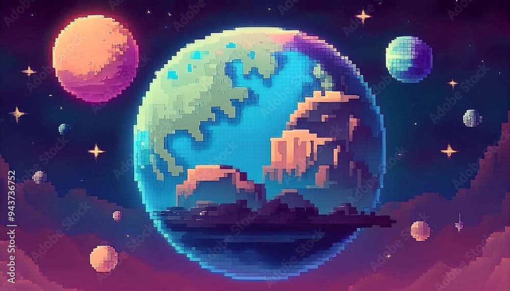 Wall mural pixelated planet and moon- a simple pixel art design featuring a large planet with a visible surface