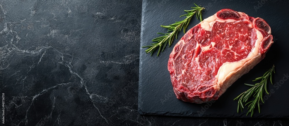 Aufkleber close up of raw dry aged kobe ribeye steak on a black board. with copy space image. place for adding