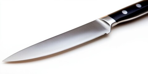 Fototapeta premium Precision Chef's Knife: Essential Culinary Tool for Professional and Home Kitchens. Sleek Stainless Steel Blade Isolated on White Background. Perfect for Cooking Advertisements, Kitchenware Marketing,