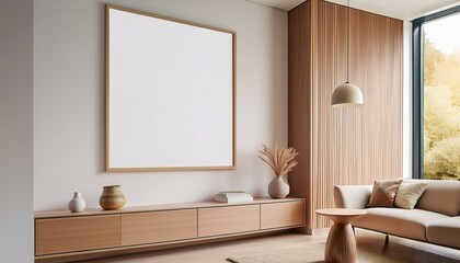 Stylish home living room interior with sofa and window. Mockup frame
