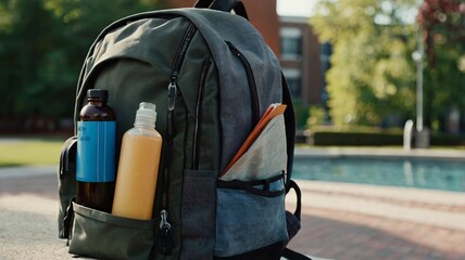 The backpack, filled with books and water bottles, is placed beside a tranquil pool on a college campus during a bright afternoon. The setting exudes a relaxed atmosphere