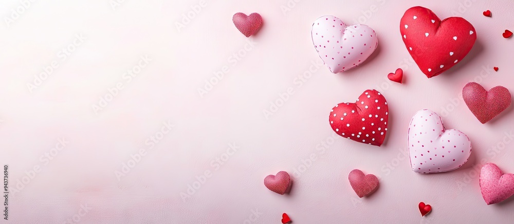 Poster Valentine s Day love flat lay backdrop with hearts. with copy space image. Place for adding text or design