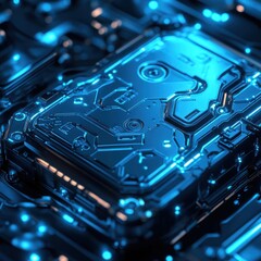Fototapeta premium Futuristic Blue Glowing Circuit Board Technology Abstract Background
