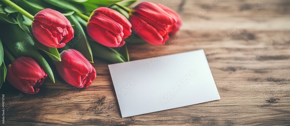 Poster Stylish table arrangement featuring a blank card and tulips on a wooden backdrop. with copy space image. Place for adding text or design