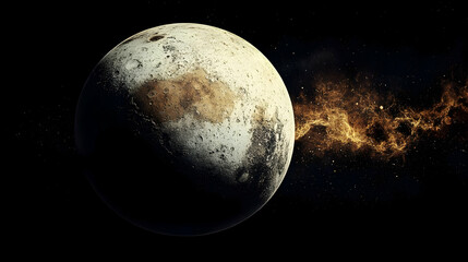 A solitary planet in a vast, starry expanse with a golden nebula trailing behind.
