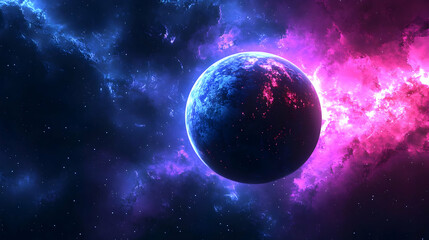 Fototapeta premium A solitary planet with a blue and pink nebula in the background.