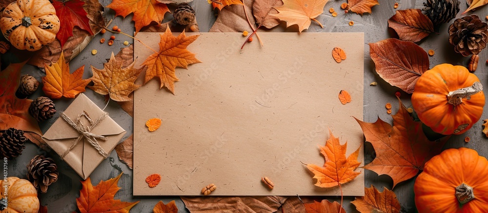 Poster Autumn flat lay arrangement featuring a postcard mockup and dried leaves against a vibrant orange background Creative concepts for autumn Thanksgiving fall and Halloween Top view copy space