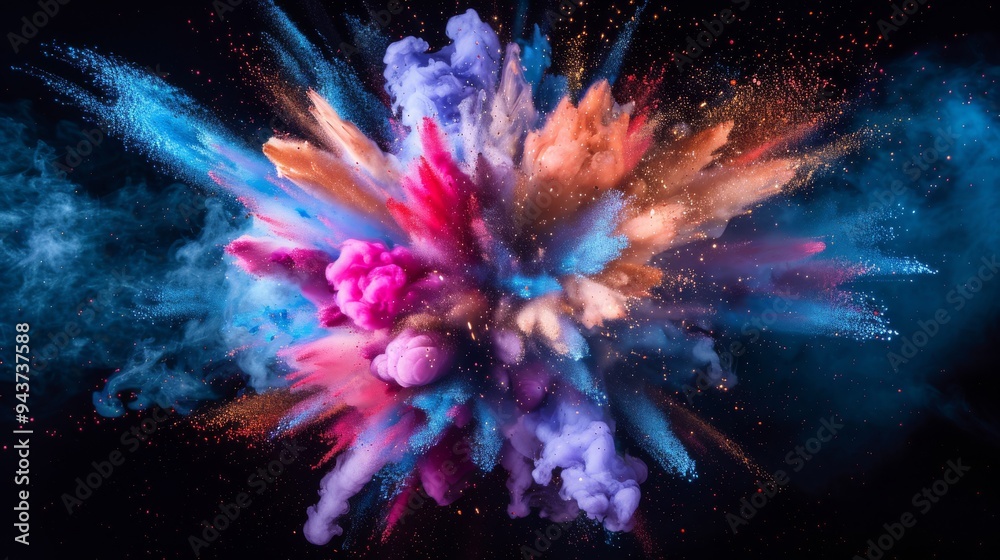 Poster Dynamic and colorful particle explosion against a black background