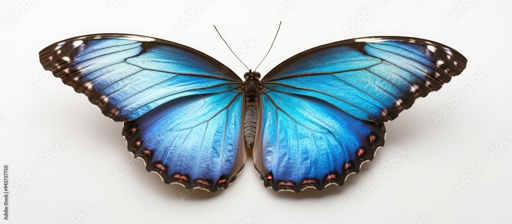 Poster a stunning blue morpho butterfly set against a white background. with copy space image. place for ad