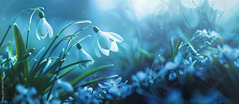 Poster white blooming snowdrop on blue backdrop. with copy space image. Place for adding text or design