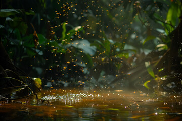 Mosquitoes Swarming Over Still Water in Jungle
