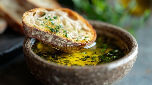 gourmet tasting experience, enjoying the flavors of avocado oil by dunking a piece of crusty bread into a small bowl, relishing its light and fruity taste
