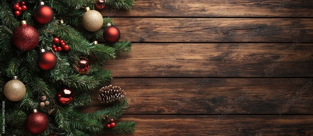 Fototapete Christmas Tree and ornaments on a wooden background with space for text. with copy space image. Place for adding text or design