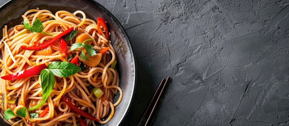 Poster top view of soba noodles with sweet and sour sauce and vegetables in a grey bowl flat lay of pan asi