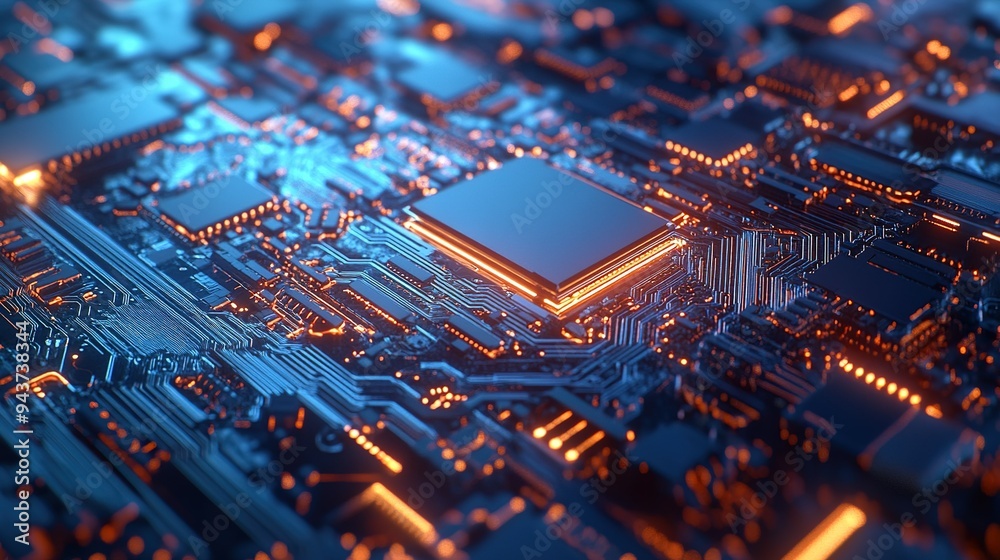 Poster close-up view of a circuit board with glowing pathways and microchips showcasing advanced technology