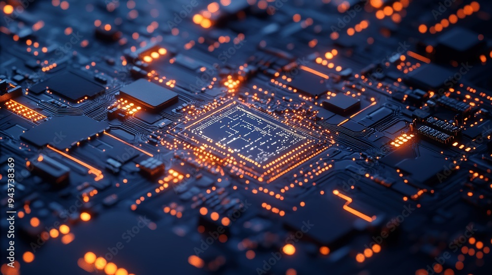 Poster close-up of a circuit board with glowing microchips and intricate pathways in a dark setting showcas