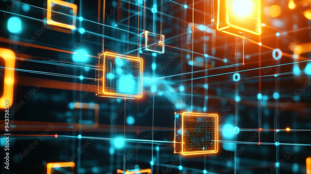 Poster abstract digital network design with glowing cubes and lines illustrating data transfer and connecti