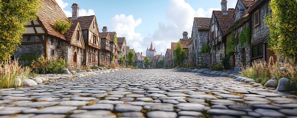 A cobblestone road in a medieval village, historic and quaint, detailed 3D illustration, isolated on white background