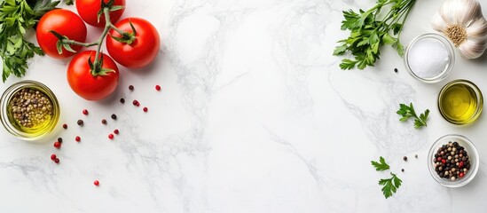 White cooking background featuring essential Italian Mediterranean ingredients tomatoes parsley olive oil salt pepper garlic flat lay on a white table top view copyspace