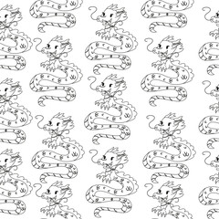 Seamless pattern black and white, outline Chinese new year character dragon