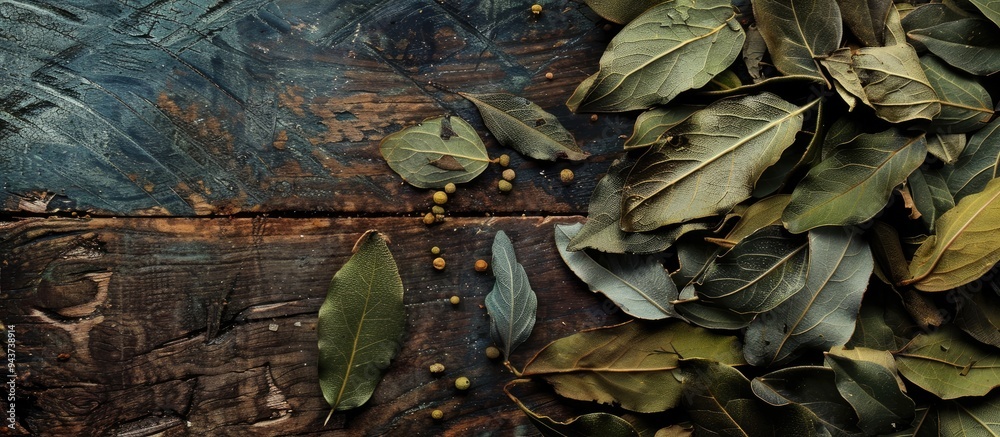 Poster dried bay leaves on a dark wooden surface. with copy space image. Place for adding text or design