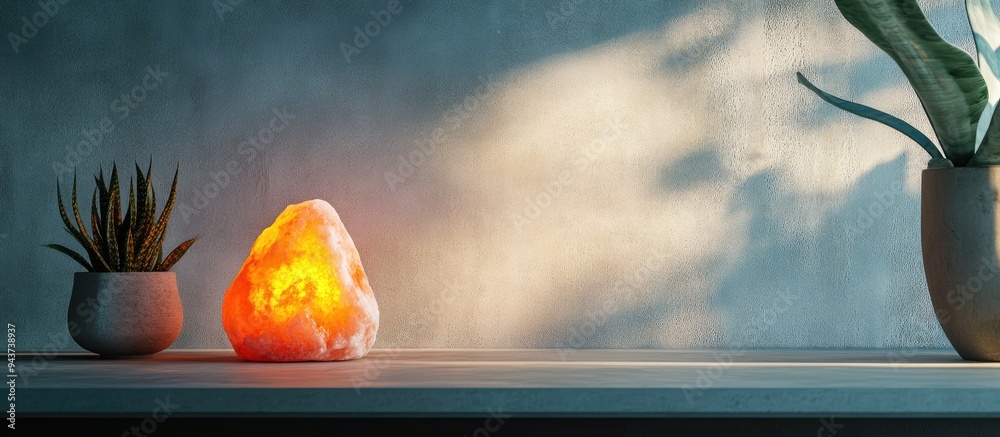 Aufkleber Himalayan salt lamp placed on an indoor table. with copy space image. Place for adding text or design