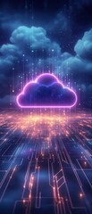 Obraz premium Futuristic cloud computing concept with glowing cloud and data stream. Ideal for technology, digital, and innovation themes.