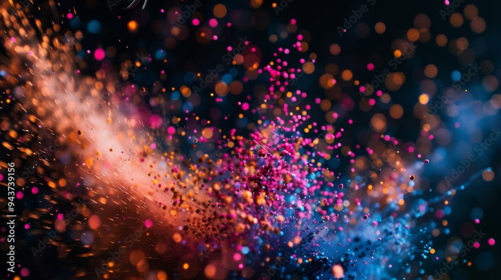 Poster explosion of multicolored particles with dark background