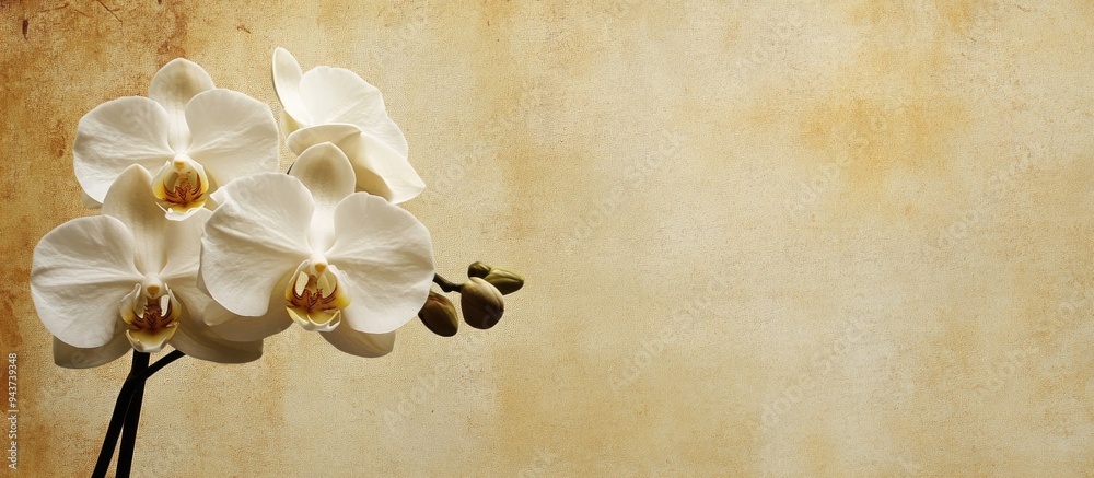 Poster textured vintage paper background featuring a white Phalaenopsis orchid. with copy space image. Place for adding text or design