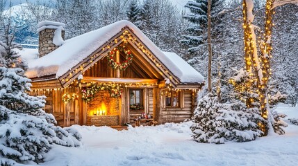 Fototapeta premium Charming winter cabin adorned with festive decorations in a snowy landscape during the holiday season