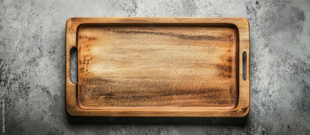Poster top view of a wooden serving tray on a concrete background blank area for your design. with copy spa
