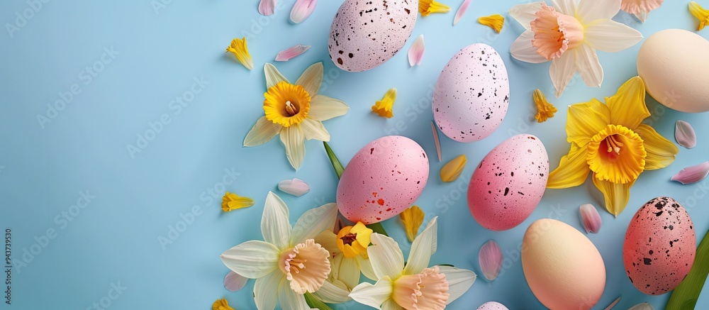 Fototapete easter egg decorated with flowers an arrangement of easter food with space for text. with copy space