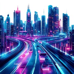 Obraz premium A futuristic city road with neon lights and sleek architecture, cyberpunk style, vibrant and colorful, isolated on white background
