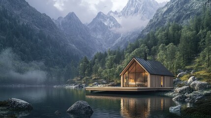 Obraz premium A cabin with stunning views of a lake and mountains, offering a perfect escape into nature.