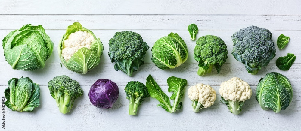 Aufkleber different types of cabbage broccoli and cauliflower an assortment of cabbages on a white wooden back