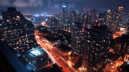 Obraz premium A city lit up at night, photographed from a tall building, with bright urban lights creating a dynamic atmosphere