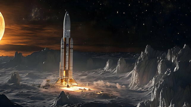 A spacecraft launches from a lunar base, with a large moon in the background.
