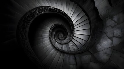 Spiral Staircase Descending into Mysterious Darkness with Copy Space for Text or Graphic Overlay  Architectural Interior Design Concept Symbolizing of the Unknown