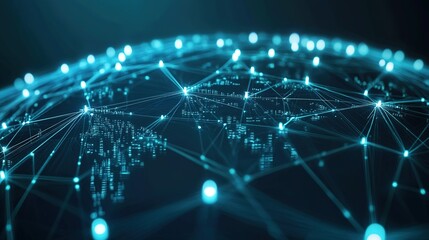 Obraz premium A globe of interconnected networks depicting vibrant digital connections and data flow across continents in a dark atmosphere